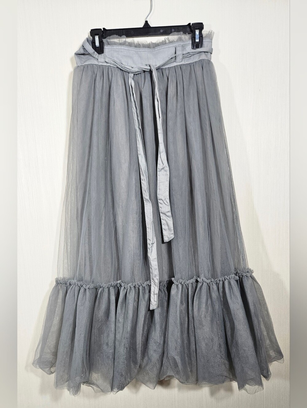 Anthropologie Pilcro Tulle Tiered Maxi Skirt Charcoal Grey Sash Belted